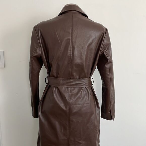 NWT Brown vegan leather trench coat jacket - Picture 9 of 11